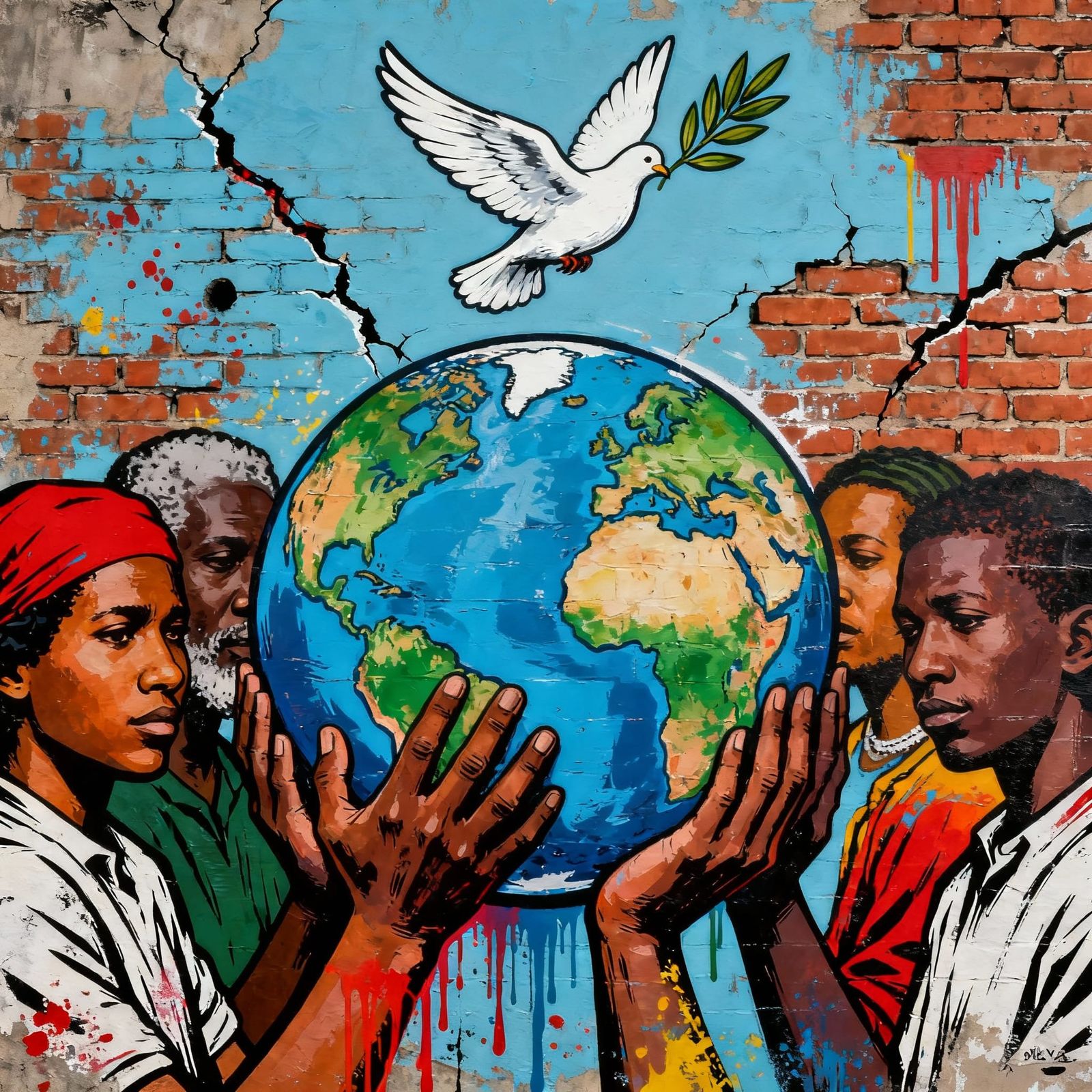 World Peace Graffiti Mural on Urban Wall