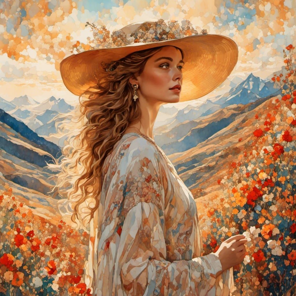 Girl on Bike Finds Mirror, Klimt-Inspired Gouache