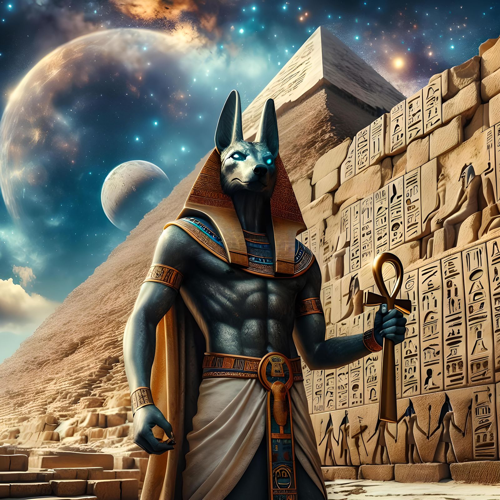 Anubis-like God at Giza in Cosmic Sky Digital Art