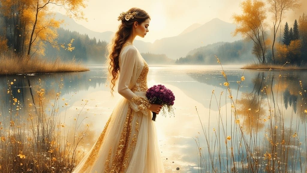 Elegant Lady in Flowing Dress with Rose Bouquet