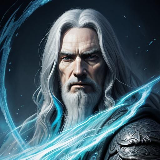 Hyperrealistic Portrait of Saruman with Silver Hair