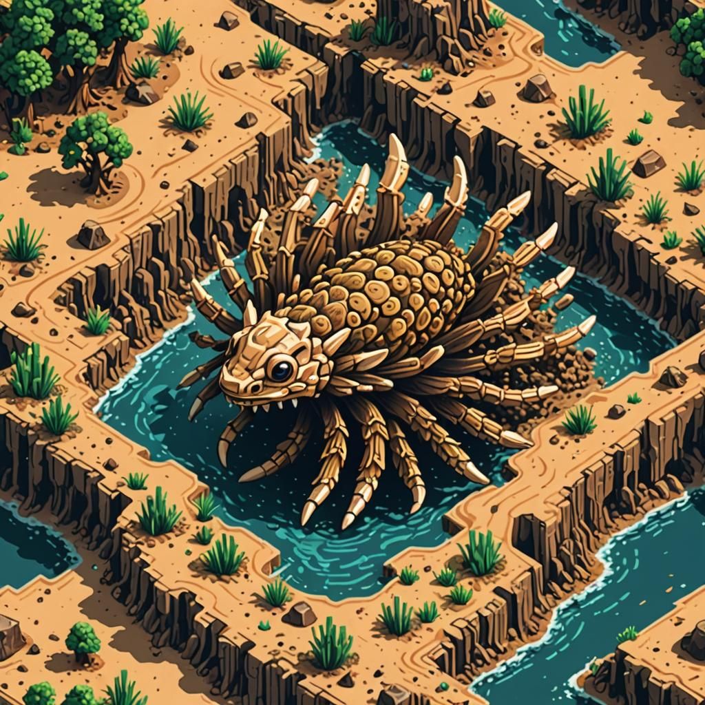 Antlion Emerges from Quicksand: Retro Pixel Art