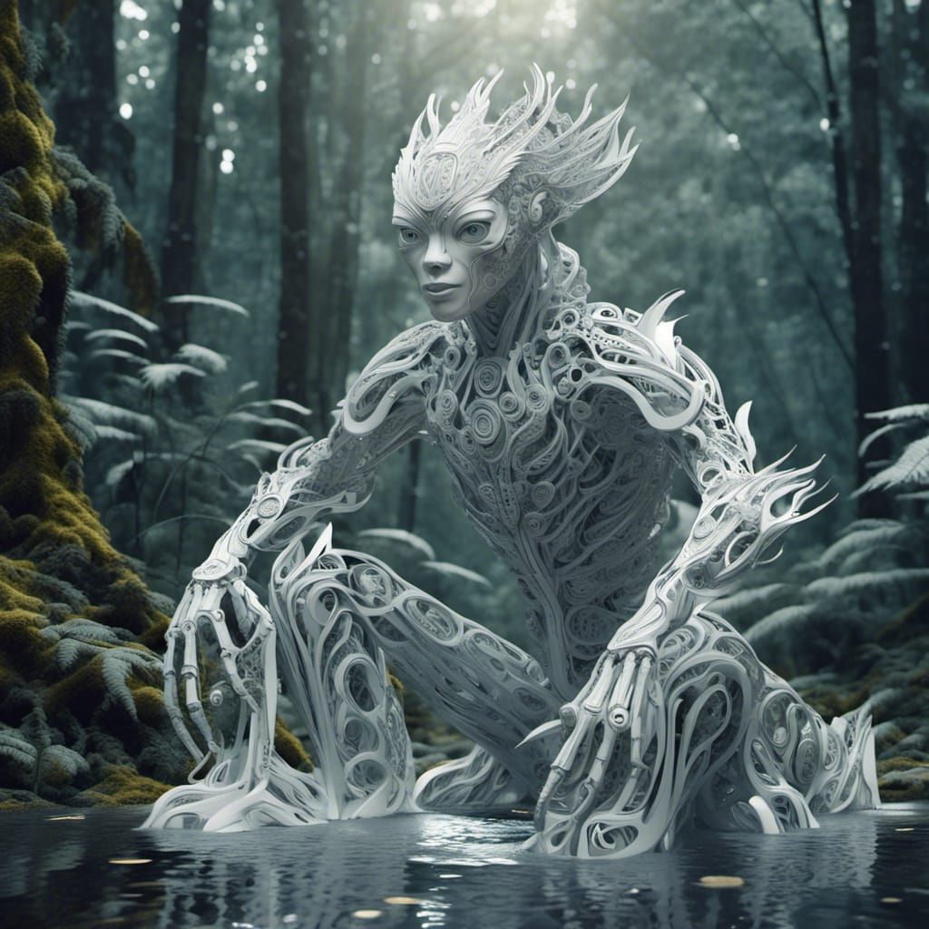 Rice Paper Humanoid AI Work in Scandinavian Forest