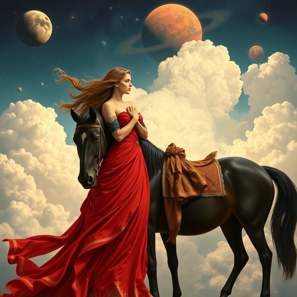 Goddess of Love in Majestic Red Gown with Four-Legged Black....