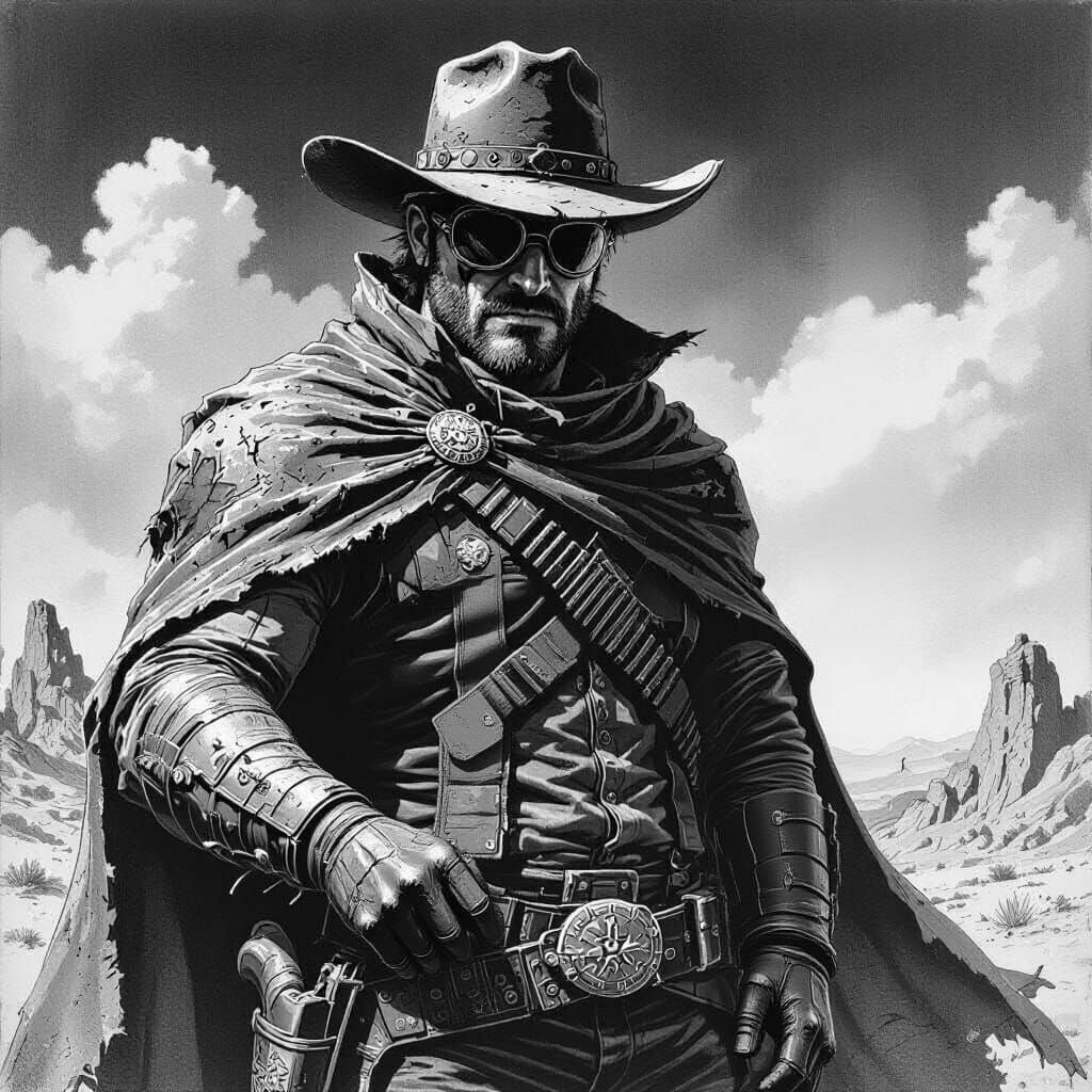 Gunslinger in Stark Black and White Line Art
