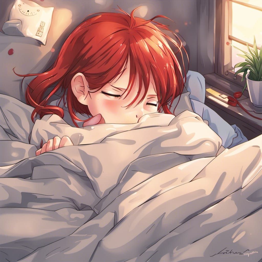 Anime Style: Red-Haired Girl Waking Up