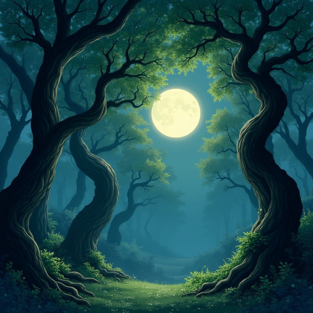 Whimsical Moonlit Forest in Studio Ghibli Style
