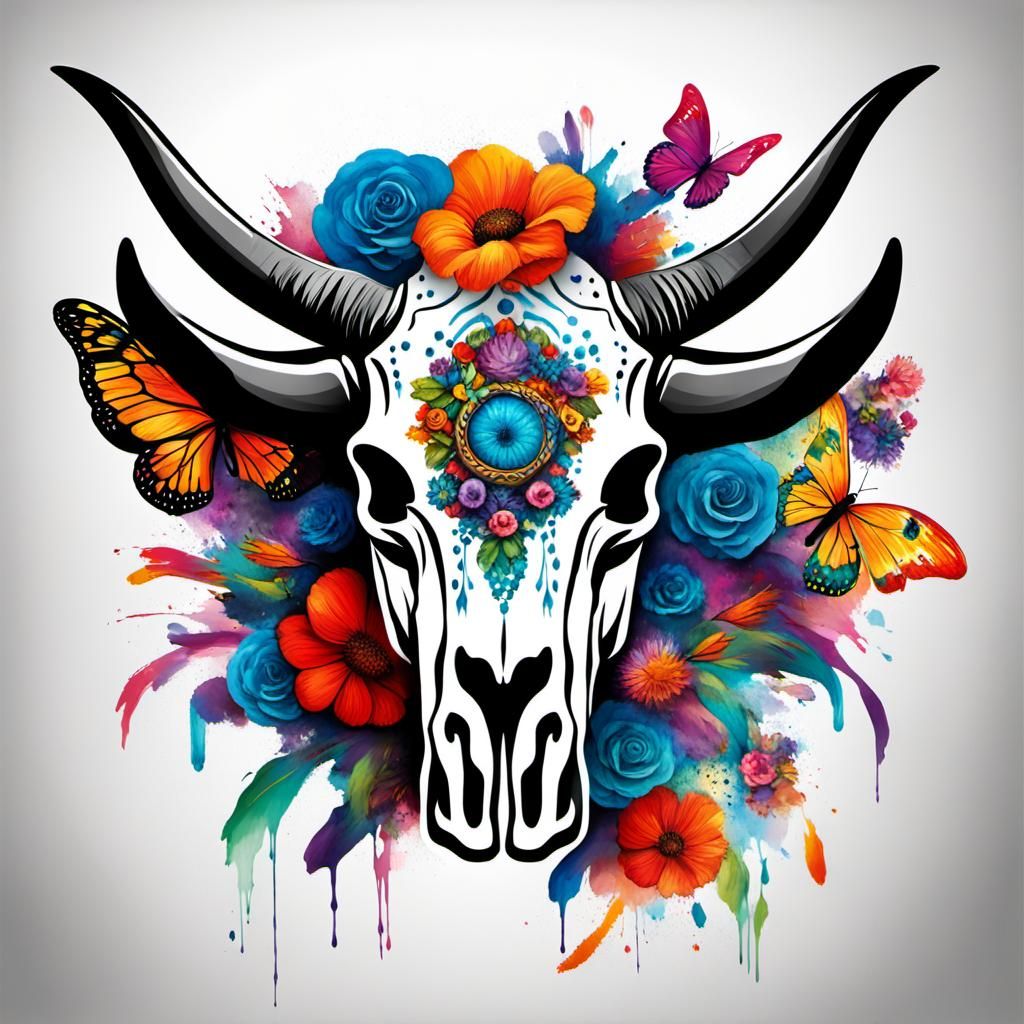 Cow Skull with Butterfly Wings and Kiss Print