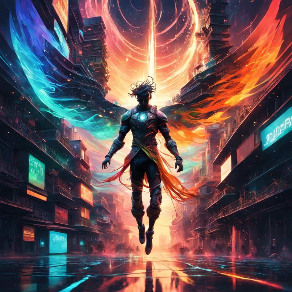 Cyber Angel Descends Amidst Tropical Cityscapes and Digital ...