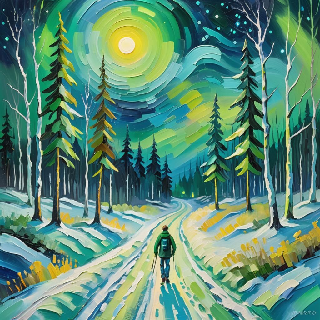 Winter Forest Path Under Aurora in Expressionist Oil