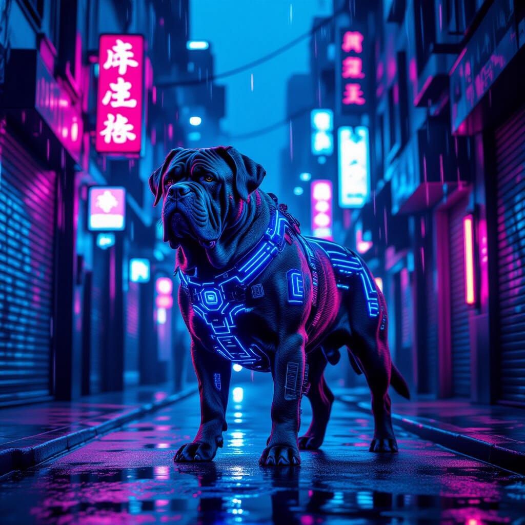 Cyberpunk Mastiff in Neon Alleyway