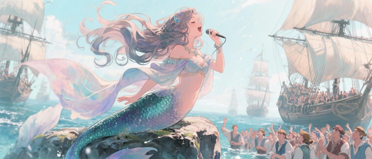 Cutesy Mermaid Sings to Sailors in Dreamlike Watercolour Sty...