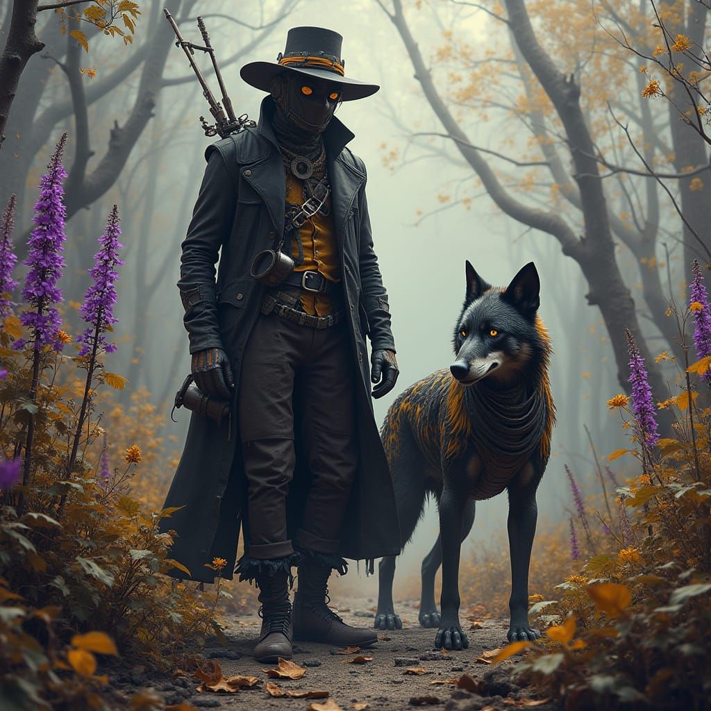 Steampunk Plague Doctor in Apocalyptic Wilderness