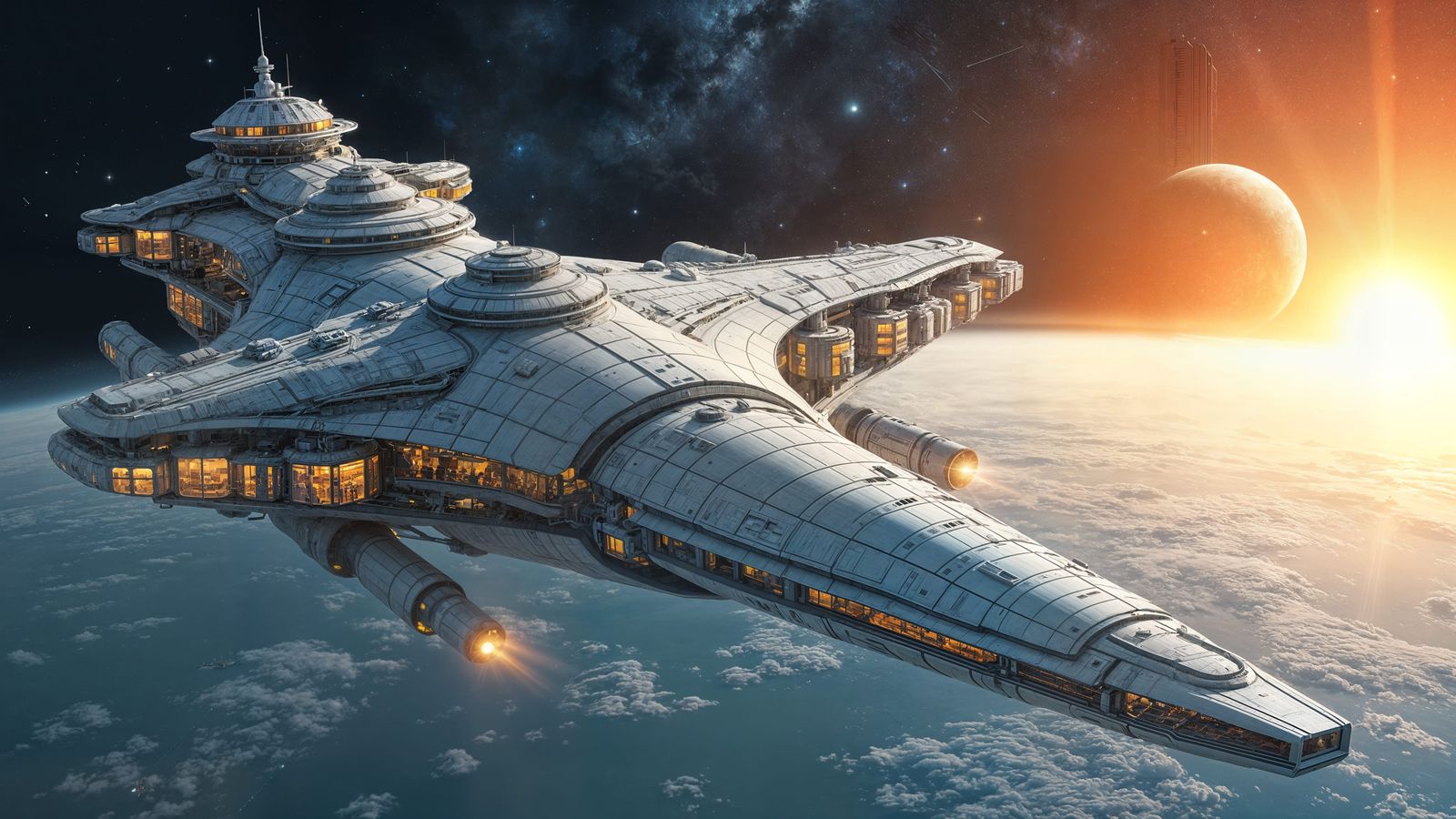 a spaceship well lit by a warm yellow sun