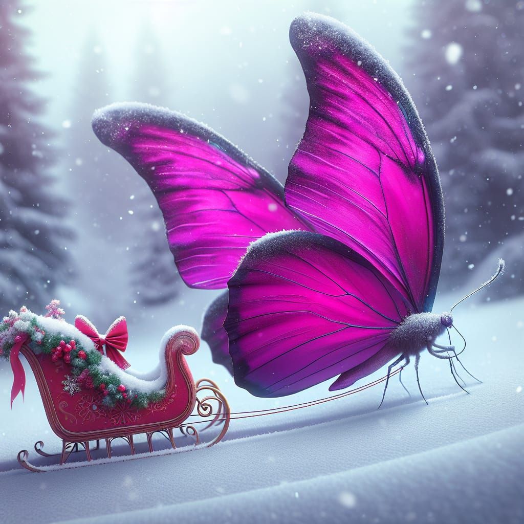 Whimsical Magenta Butterfly Sleigh Ride on Christmas Morning