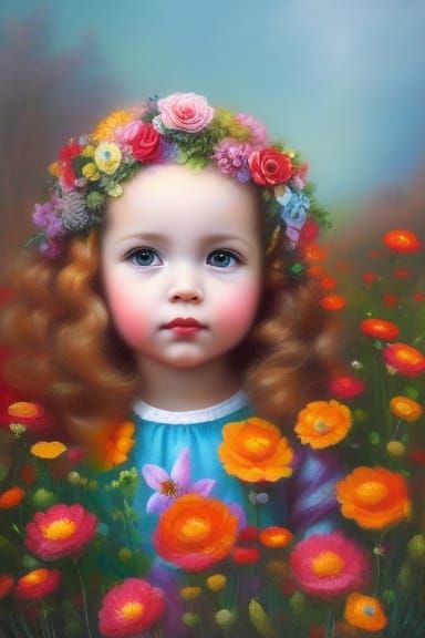 Toddler in Alebrijes Style Among Colorful Flowers