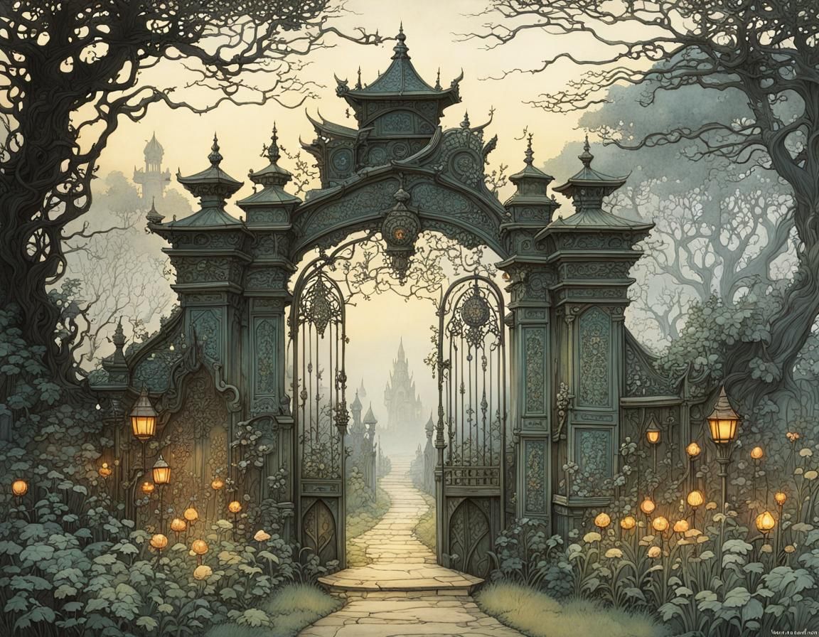 Whimsical Garden Gate in Mystical Evening Light