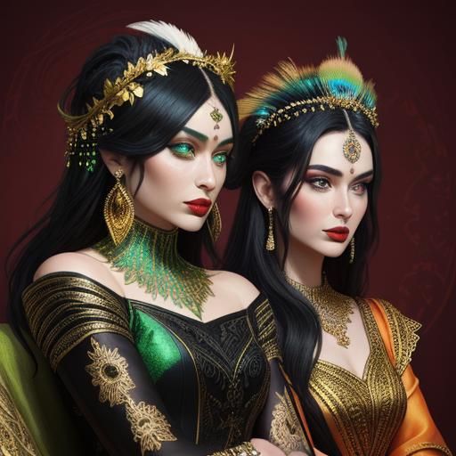 Metallic Woman with Peacock Feathers in Splash Art