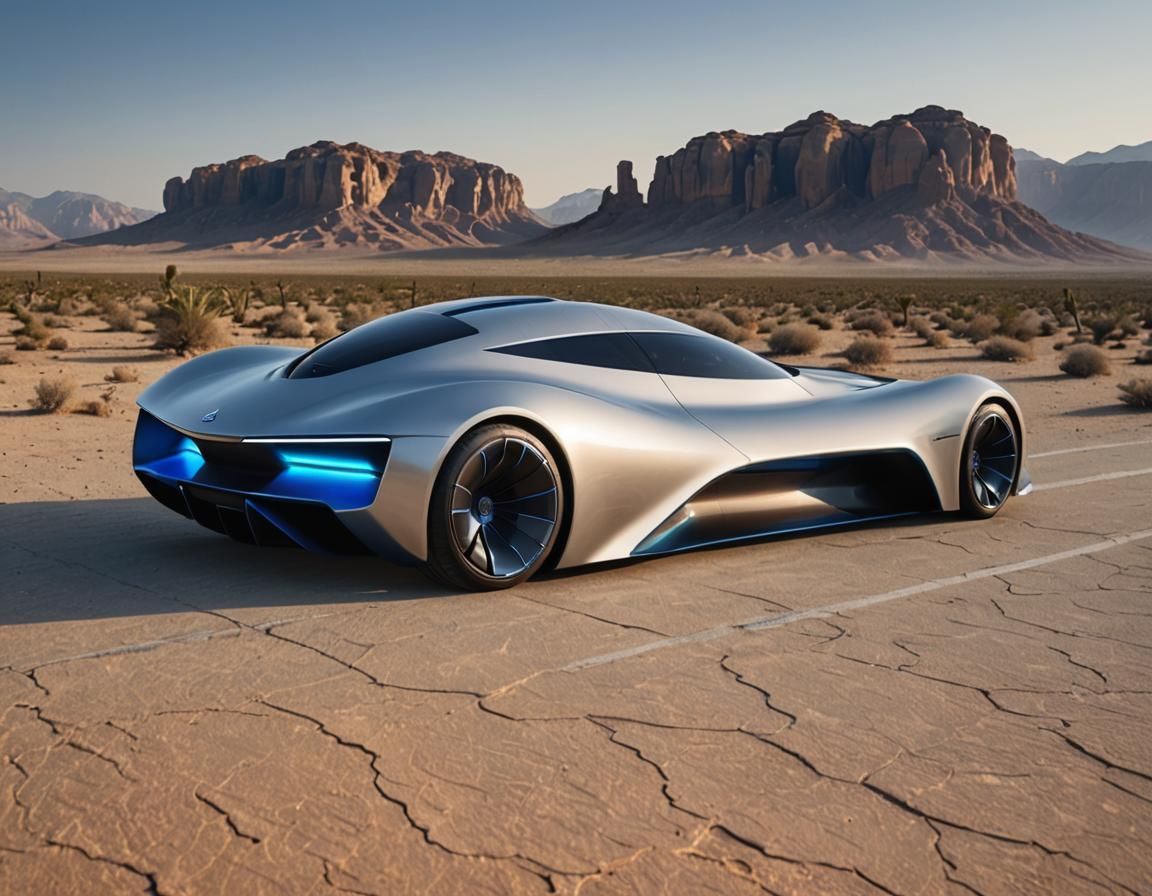 A futuristic car with an aerodynamic design, set against a desert landscape.