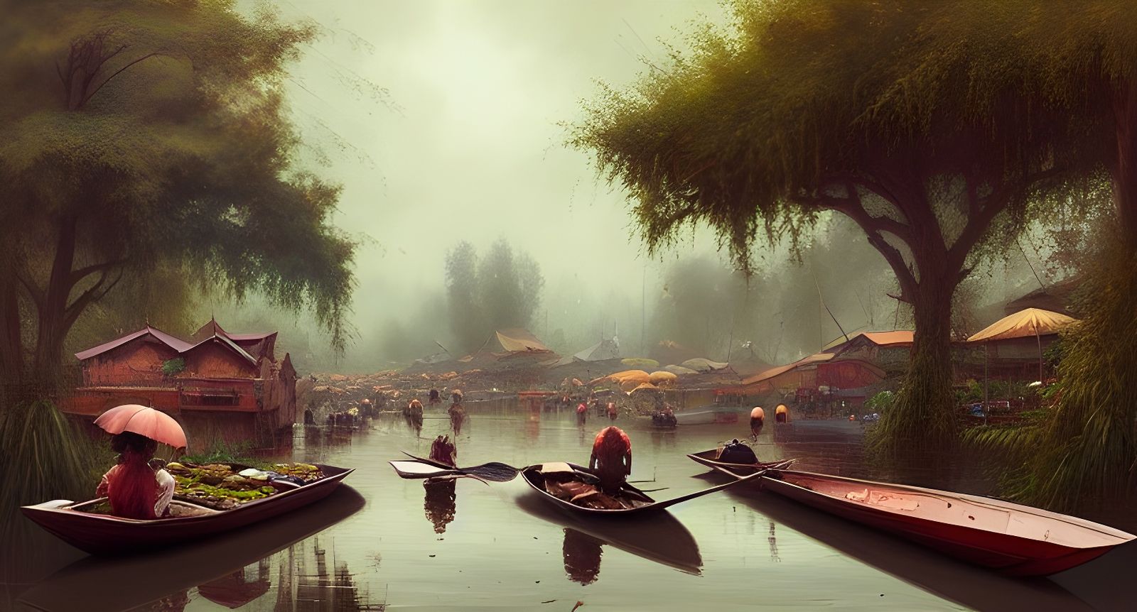 Hyperrealistic Floating Market Landscape Painting