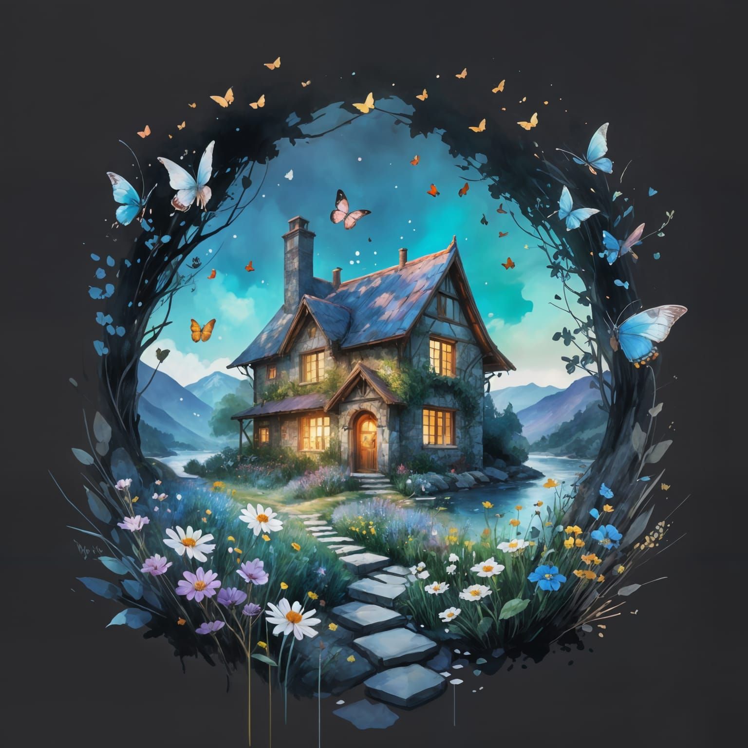 Fantasy Stone House in Flower Meadow Watercolor