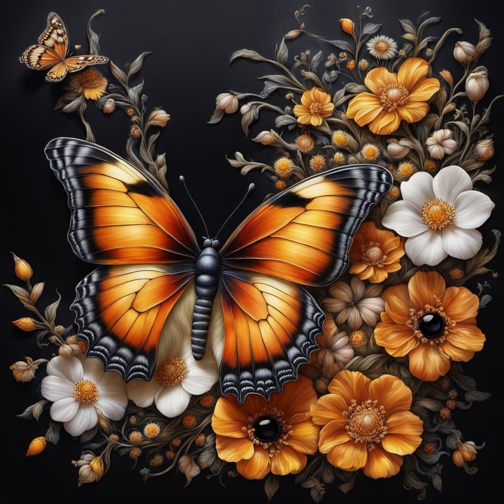 Amber Butterfly and Onyx Flowers in Magical Realism