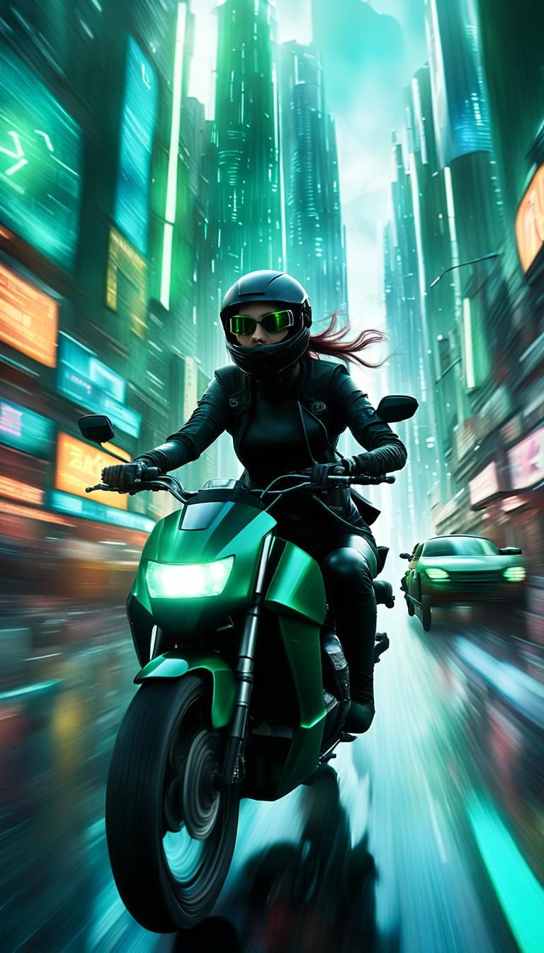 Cyberpunk Motorcyclist in Dystopian Cityscape