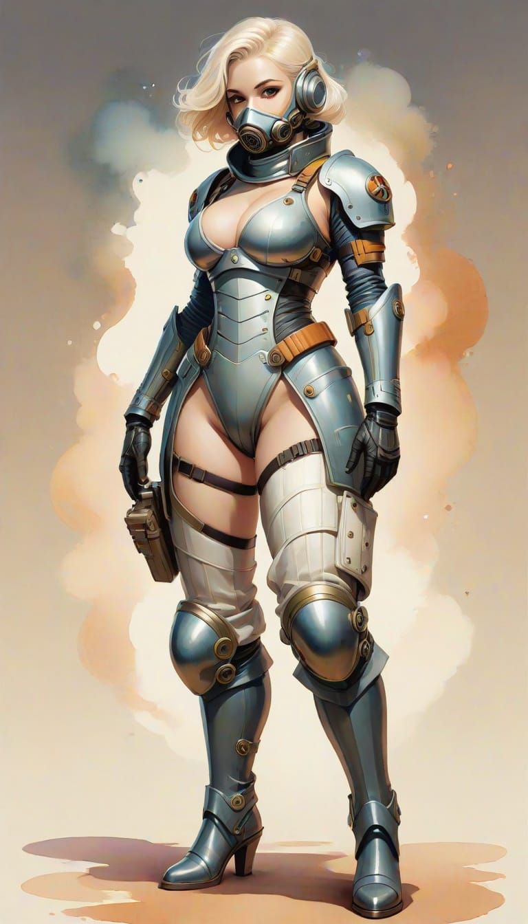 Gas mask, 

Short, ice blonde hair and hazel eyes, Wide-leg pants and Wrap top