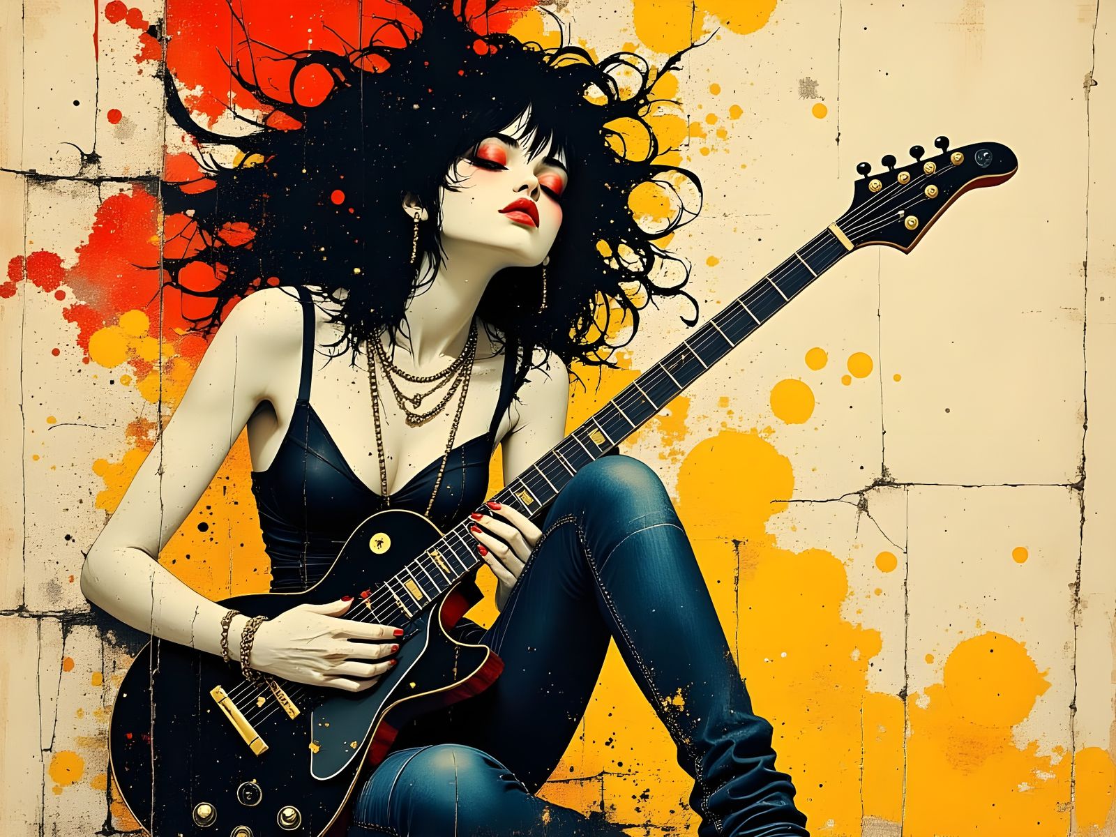 Surreal Punk Rocker Woman Plays Guitar in Abstract Action Pa...