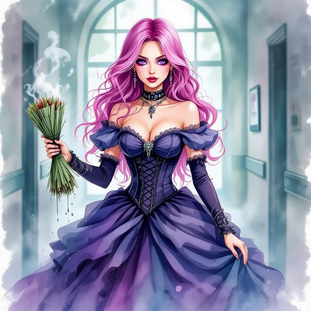 Gothic Woman Cleansing Hospital in Watercolor Style