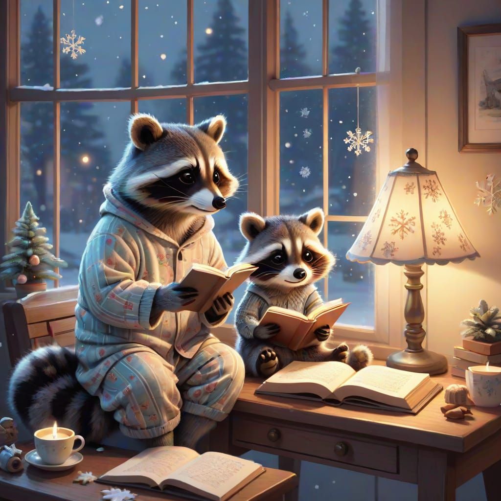 Cozy Raccoon Bedtime Story Illustration in Pastel Colors