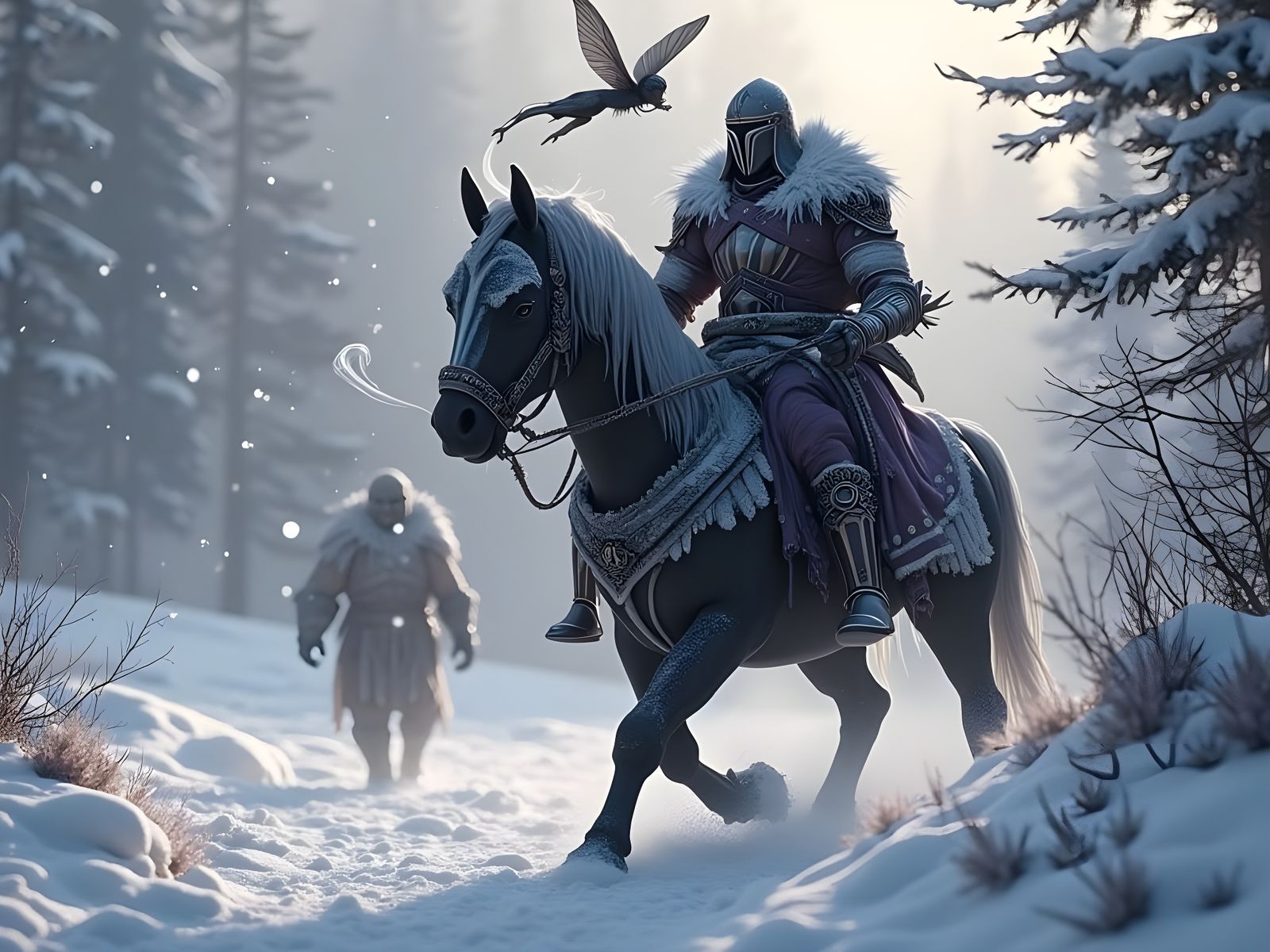 Dark Fantasy Orc Knight Trudging Through Snow with Nude Fair...