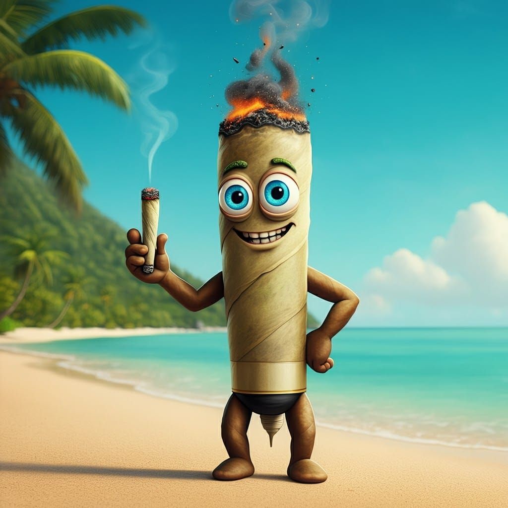 Whimsical 3D Cartoon Joint on Jamaican Beach