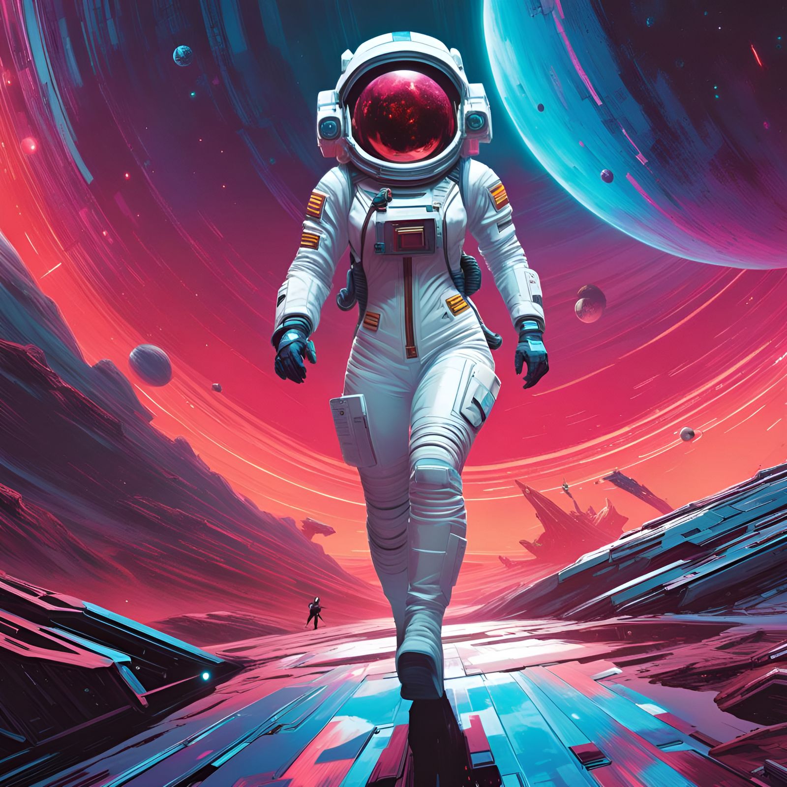 Space Woman on Dark Planet in Cyberpunk Style