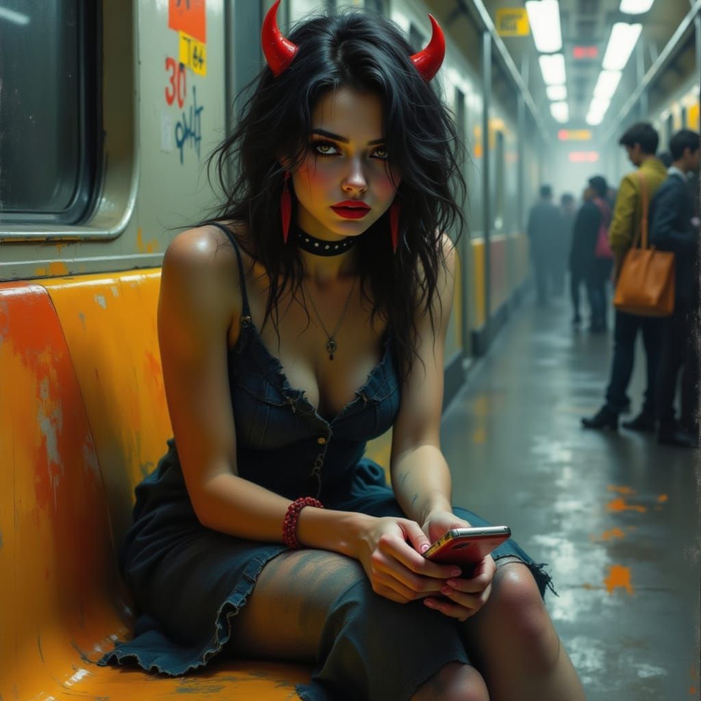 Vampire Girl on Subway Absorbed in Phone