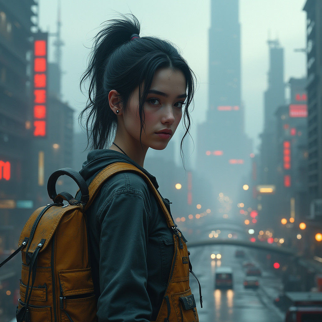 Female Technician in Dystopian City, Inspired by Stalenhag