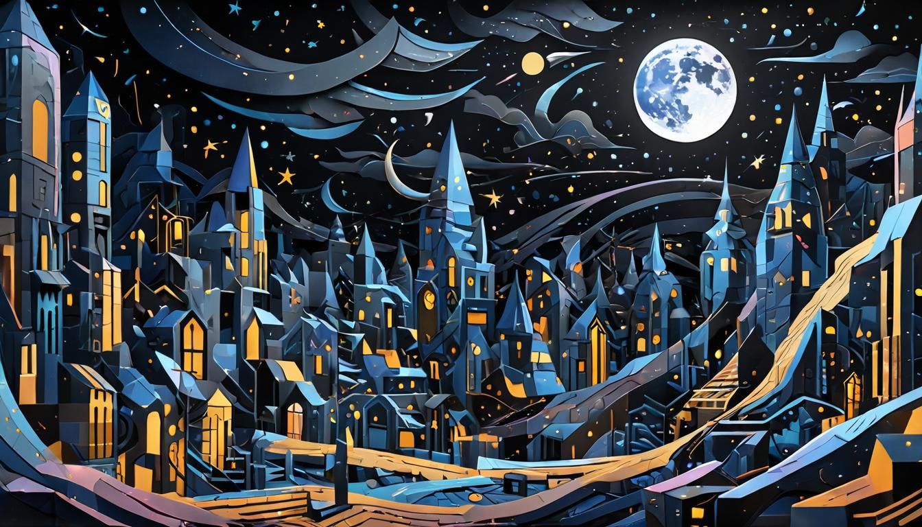 Cubist Werewolves Howling at Moonlit Stars