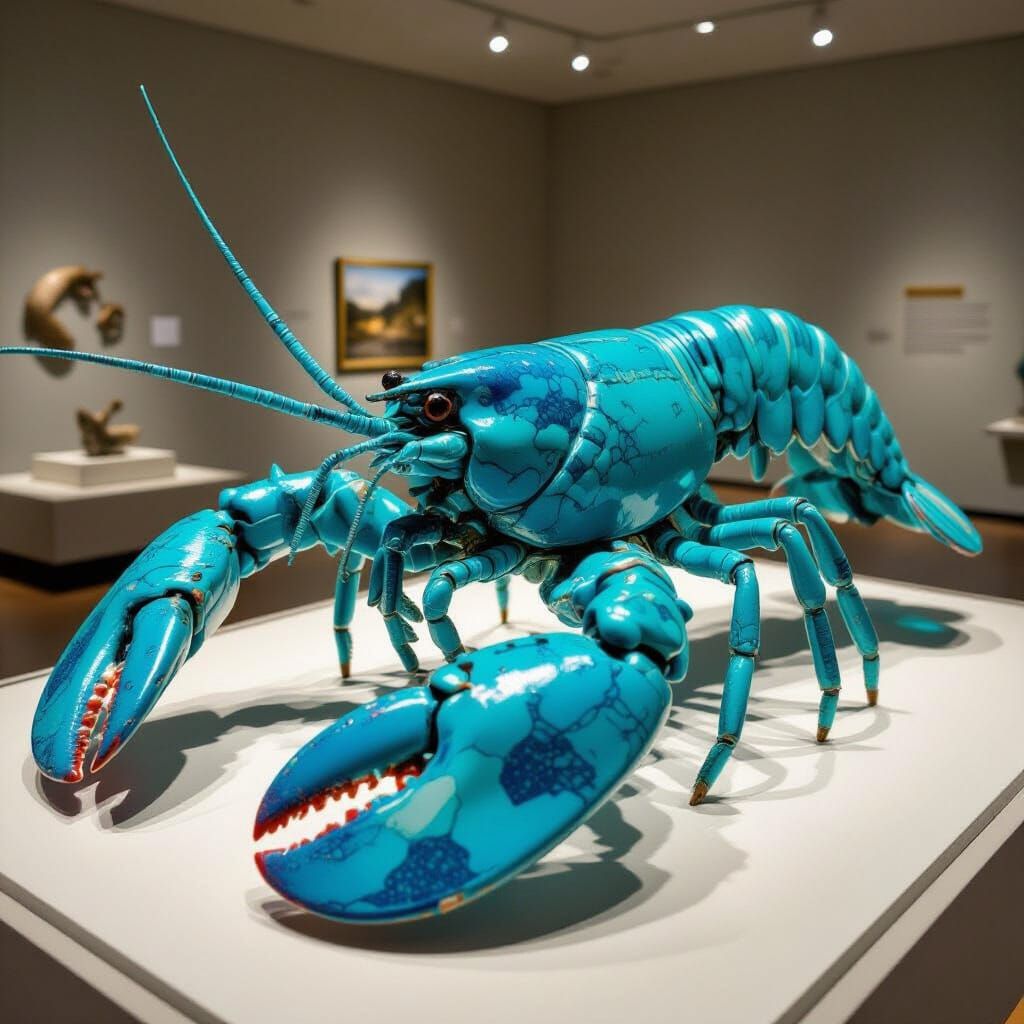Turquoise Lobster Sculpture in Museum Display