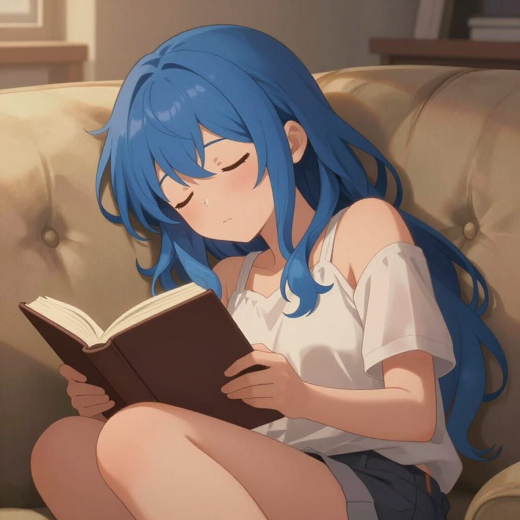 Anime Girl Napping While Reading on Sofa in Game Art Style