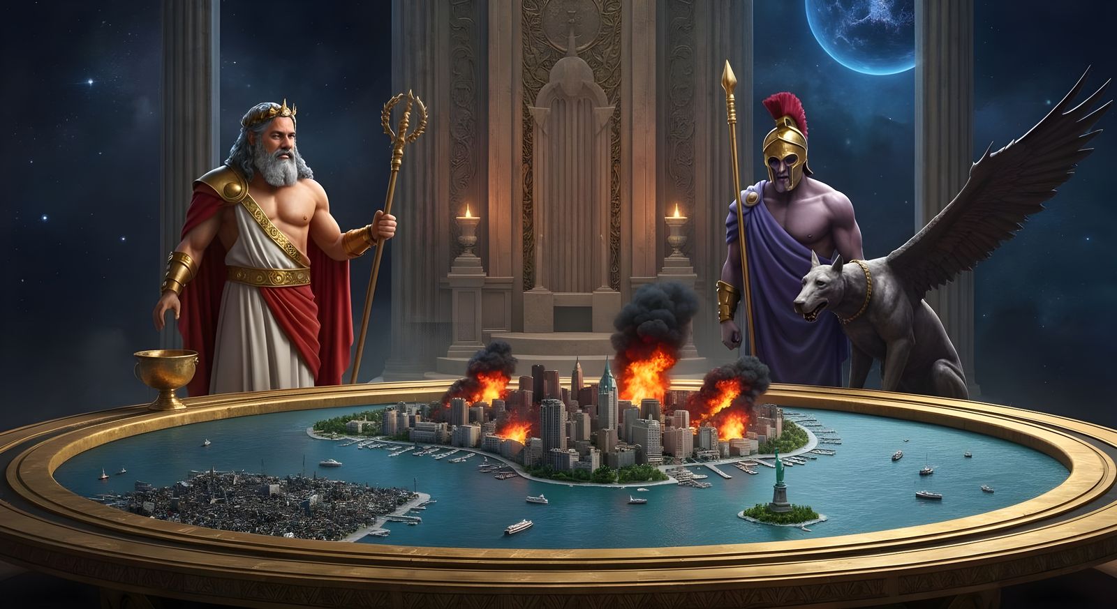 Zeus and Hades Observe a World in Flames