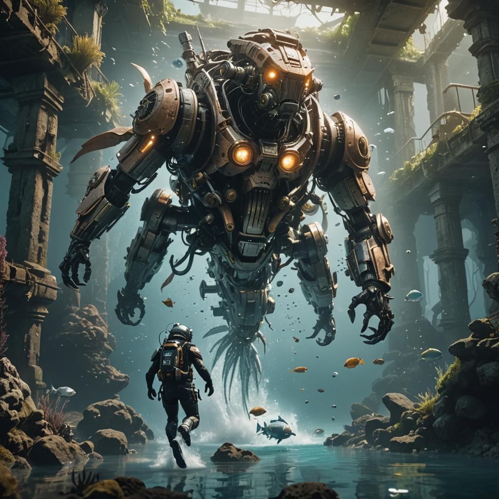 Mechanical Fish Attack Diver in Underwater Ruins