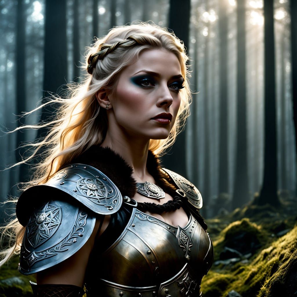 Baroque Viking Shield Maiden in Dark Fantasy Landscape