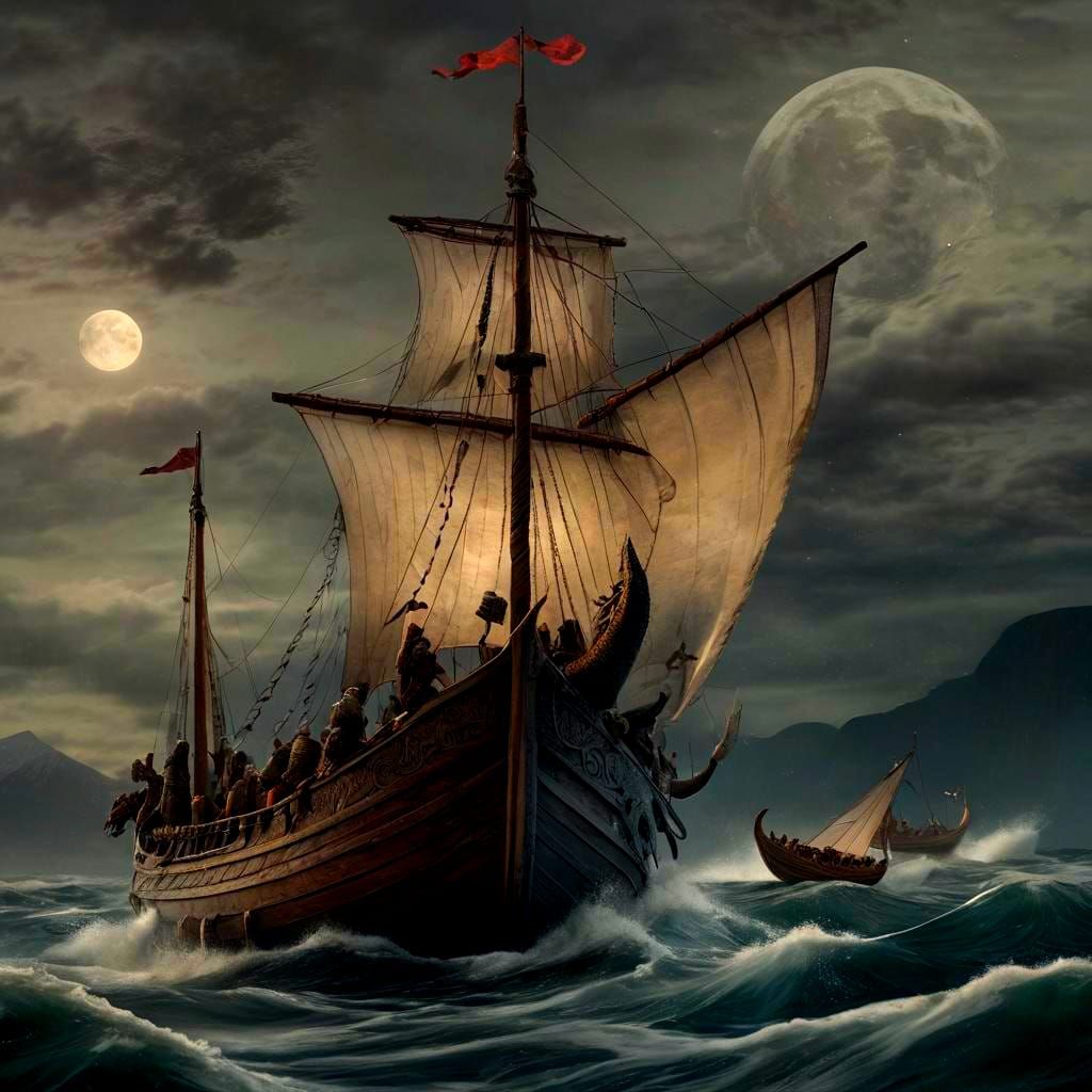 Viking Longship on Rough Seas Under Moonlit Sky
