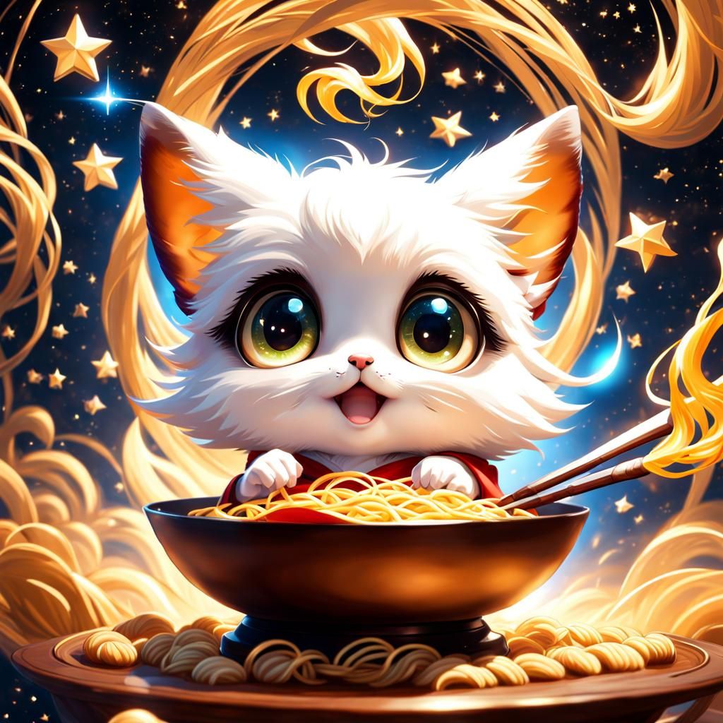 Adorable Chibi Eating Ramen in Oil Painting Style
