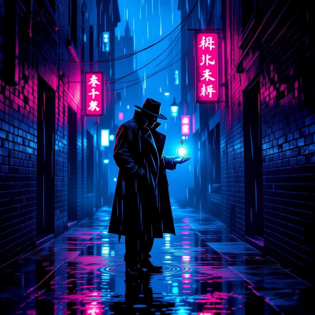 Grizzled Detective with Glowing Amulet in Noir Alley