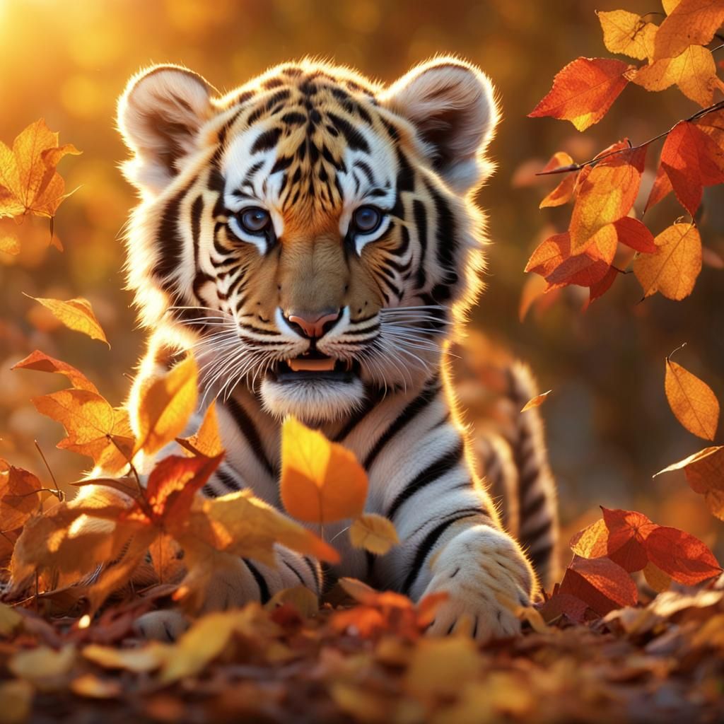 Tiger Cubs Playing in Autumn Sunrise