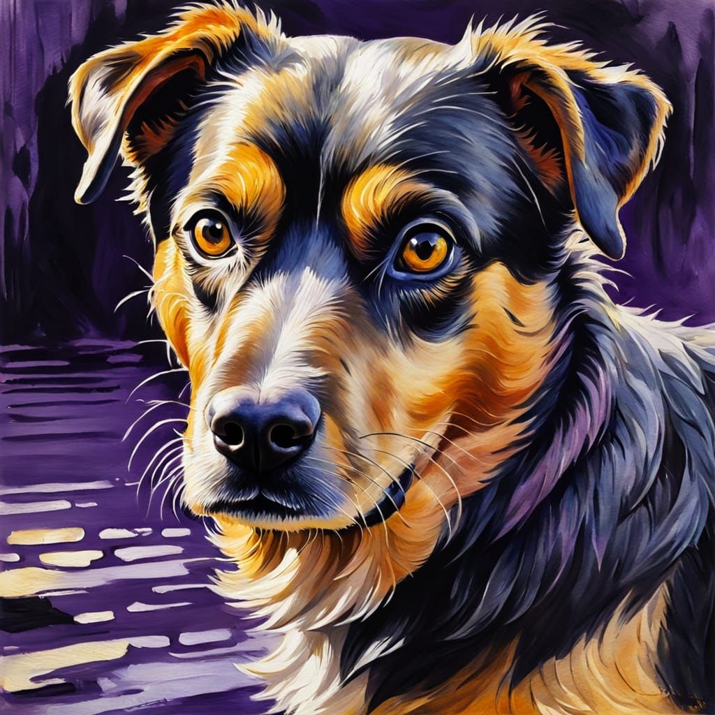Violet Reflections: Dog in Gouache Style Charcoal Drawing