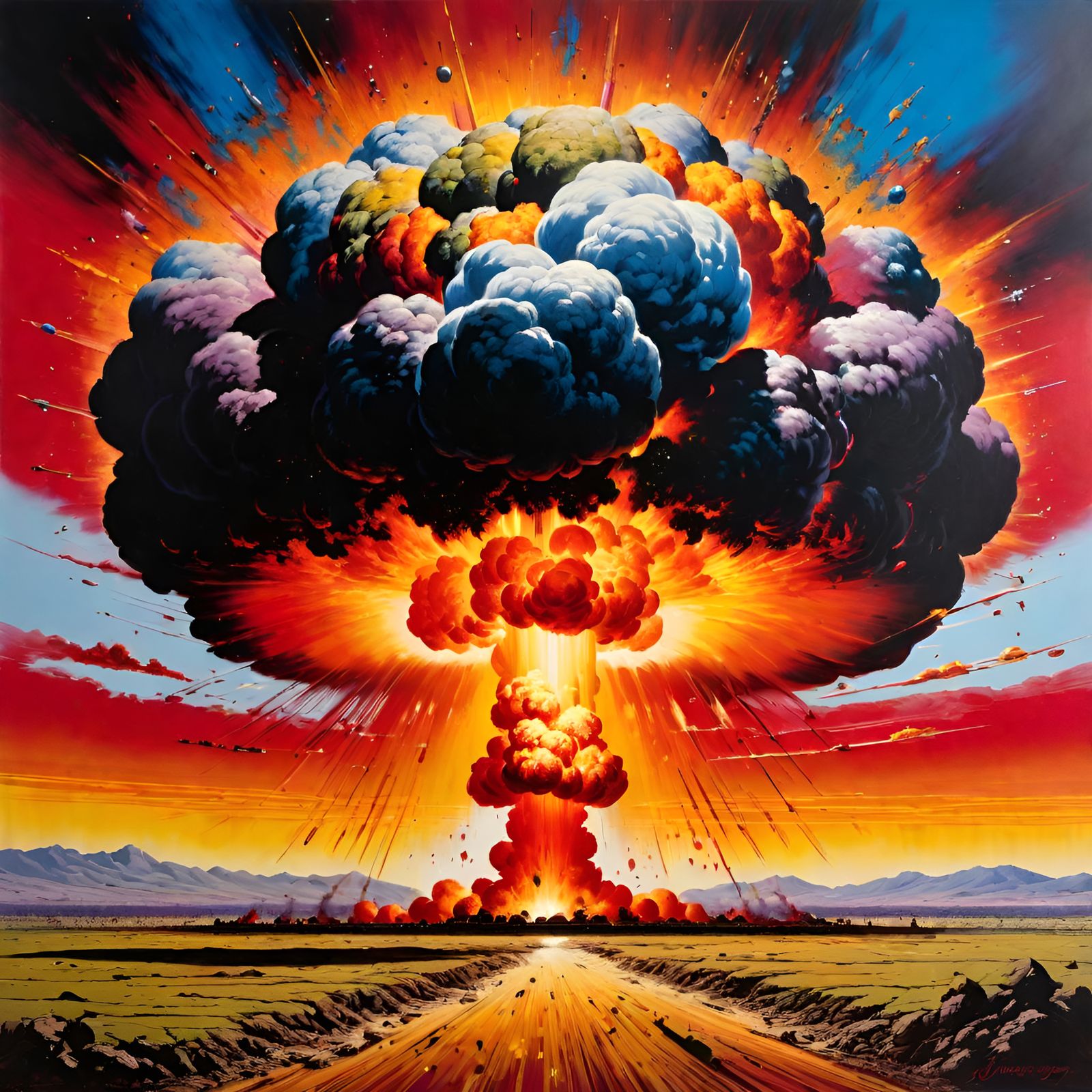 Atomic Bomb Explosion in Ink Splatter Oil Painting