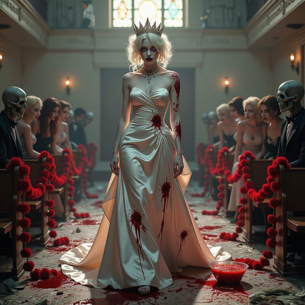 Zombie Prom Queen Amidst Decay in Art Deco Style