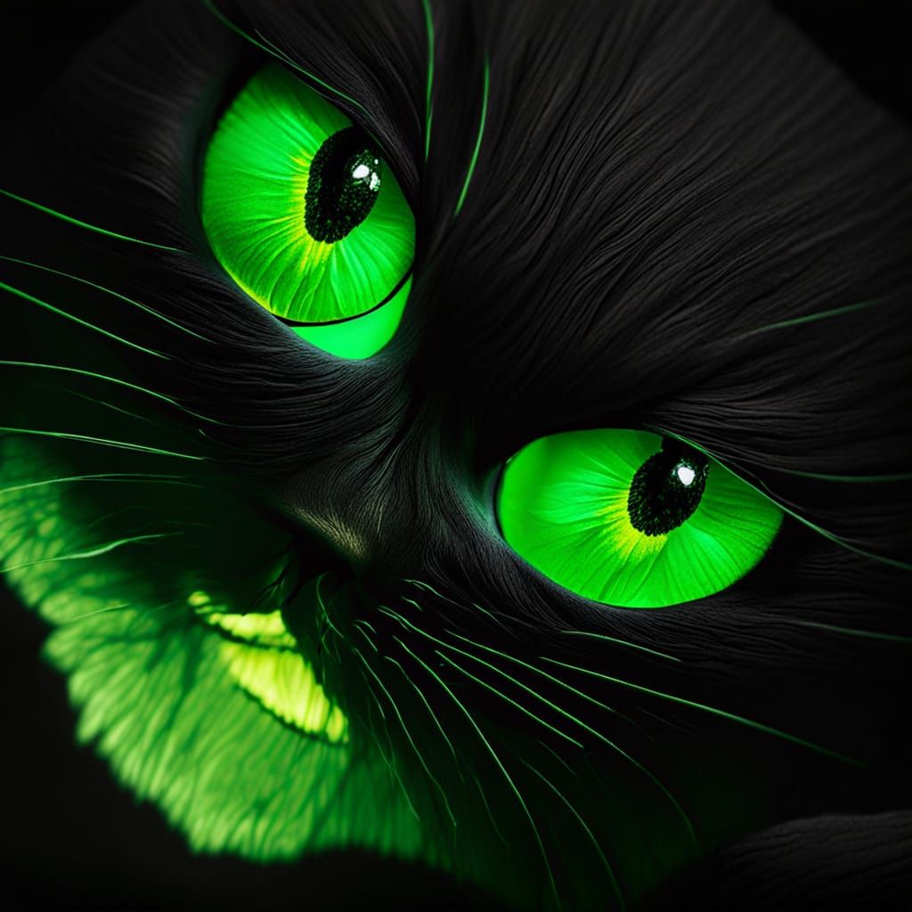Hyper-Realistic Green Eyes Cat in Intense Darkness